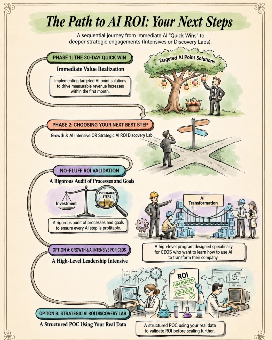 Infographic illustrating the Next Steps: Quick Win Strategies, Growth in AI Intensive for CEOs, and Strategic AI ROI Discovery Lab