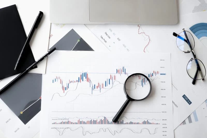 Financial services office with charts and analysis