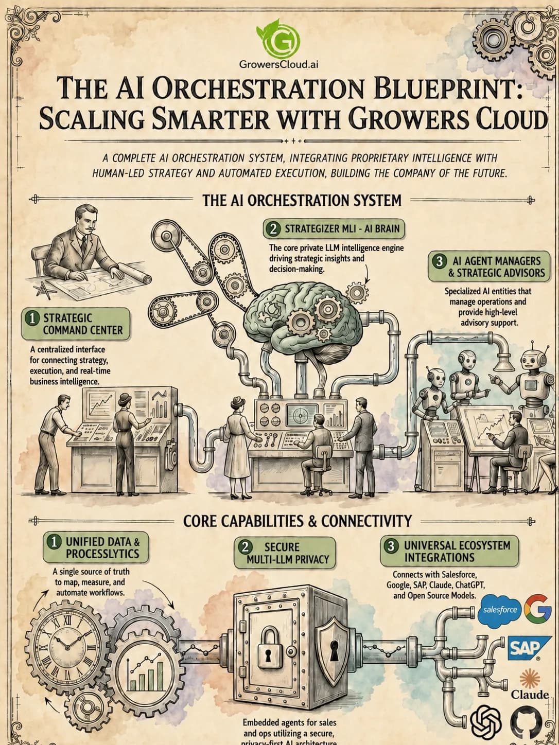 The AI Orchestration Blueprint — vintage-blueprint illustration of the Growers Cloud system: Strategic Command Center, Strategizer MLI AI brain, AI Agent Managers, and the core capabilities of Unified Data, Secure Multi-LLM Privacy, and Universal Ecosystem Integrations